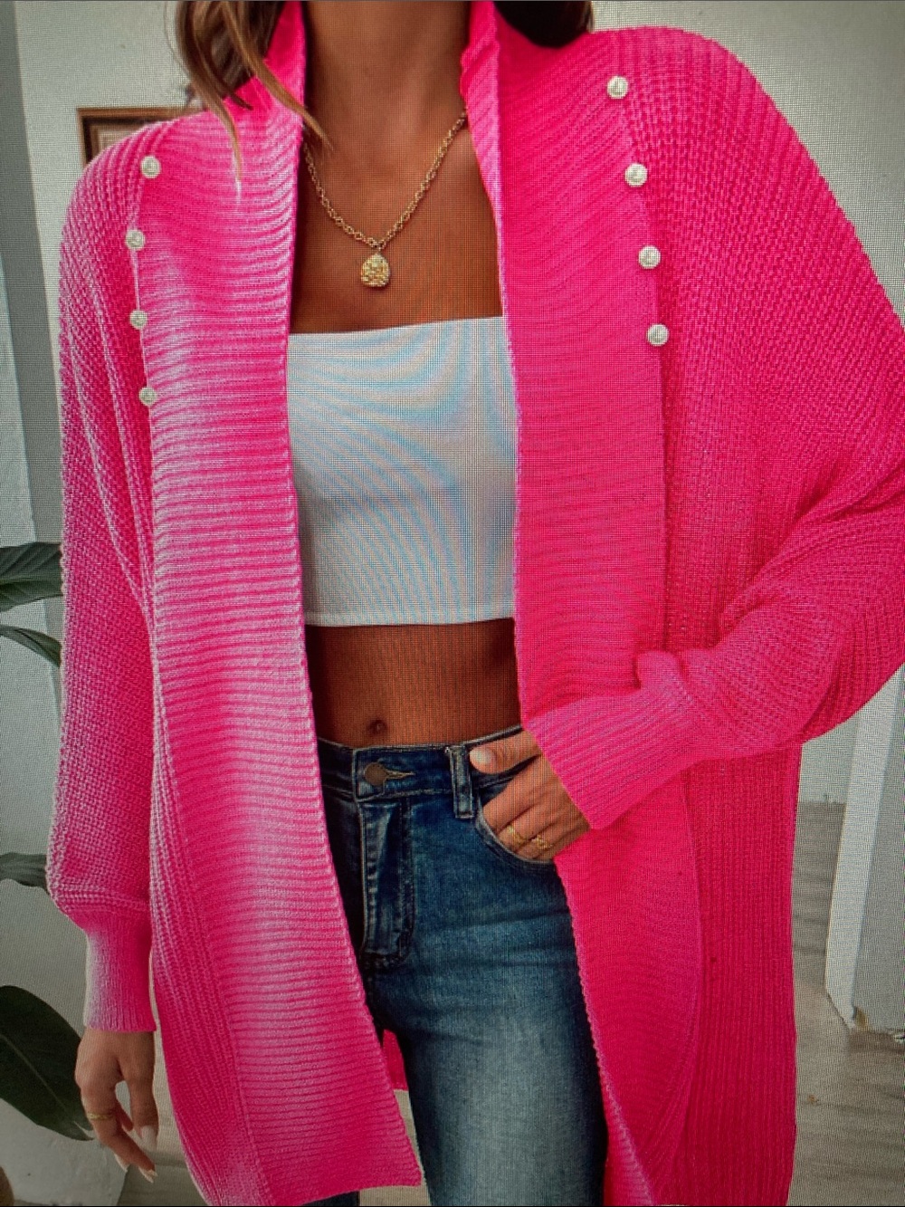 Hot Pink Open-Front Women's Knit Cardigan Sweater